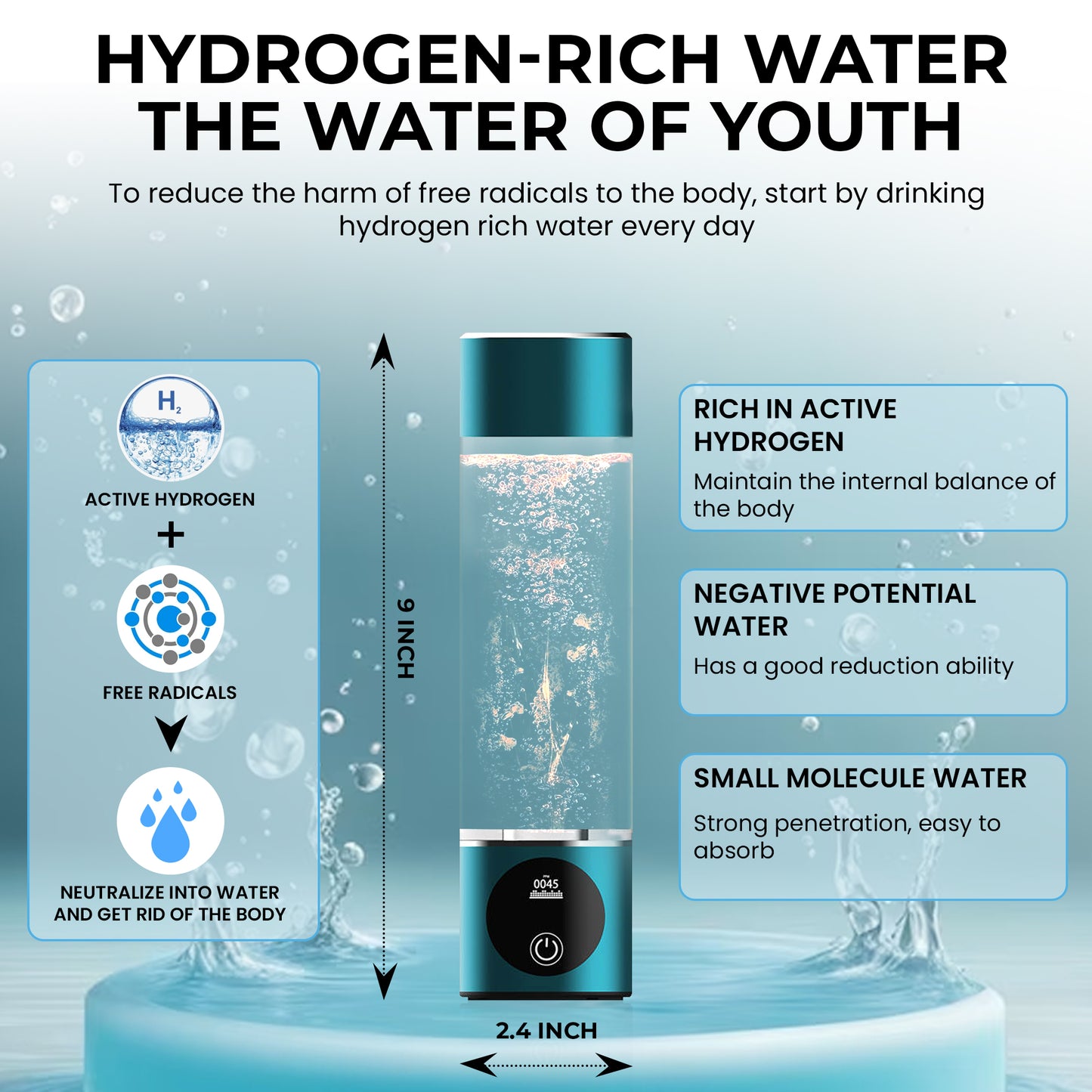 Hydrogen Water Bottle Svirson 3000ppb High-Concentration | Advanced SPE/PEM Technology | Dupont Membrane | Enhanced Hydration & Antioxidant Benefits for Health and Wellness. OLED Display.